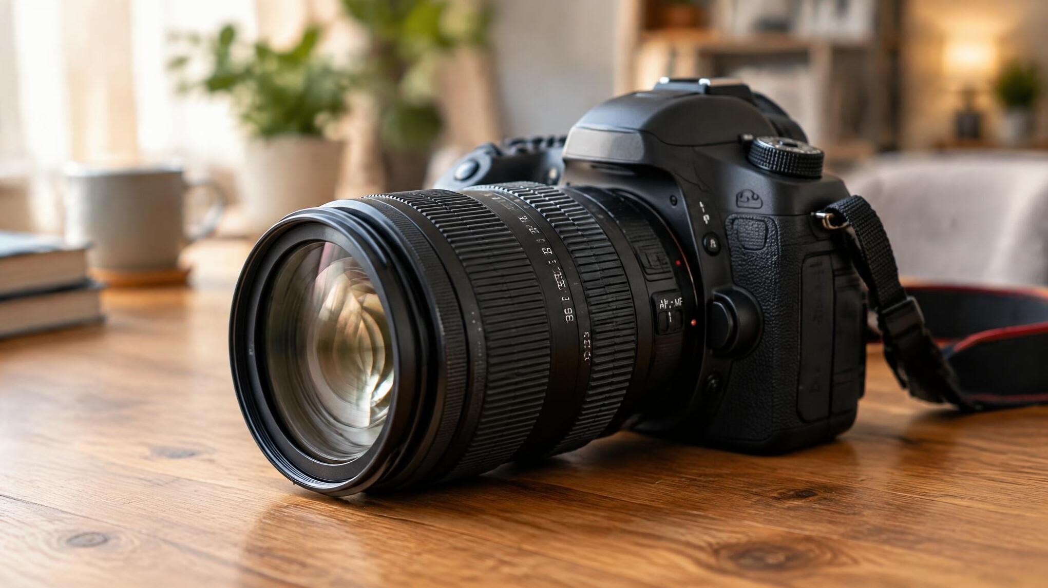 Black DSLR camera resting on a table