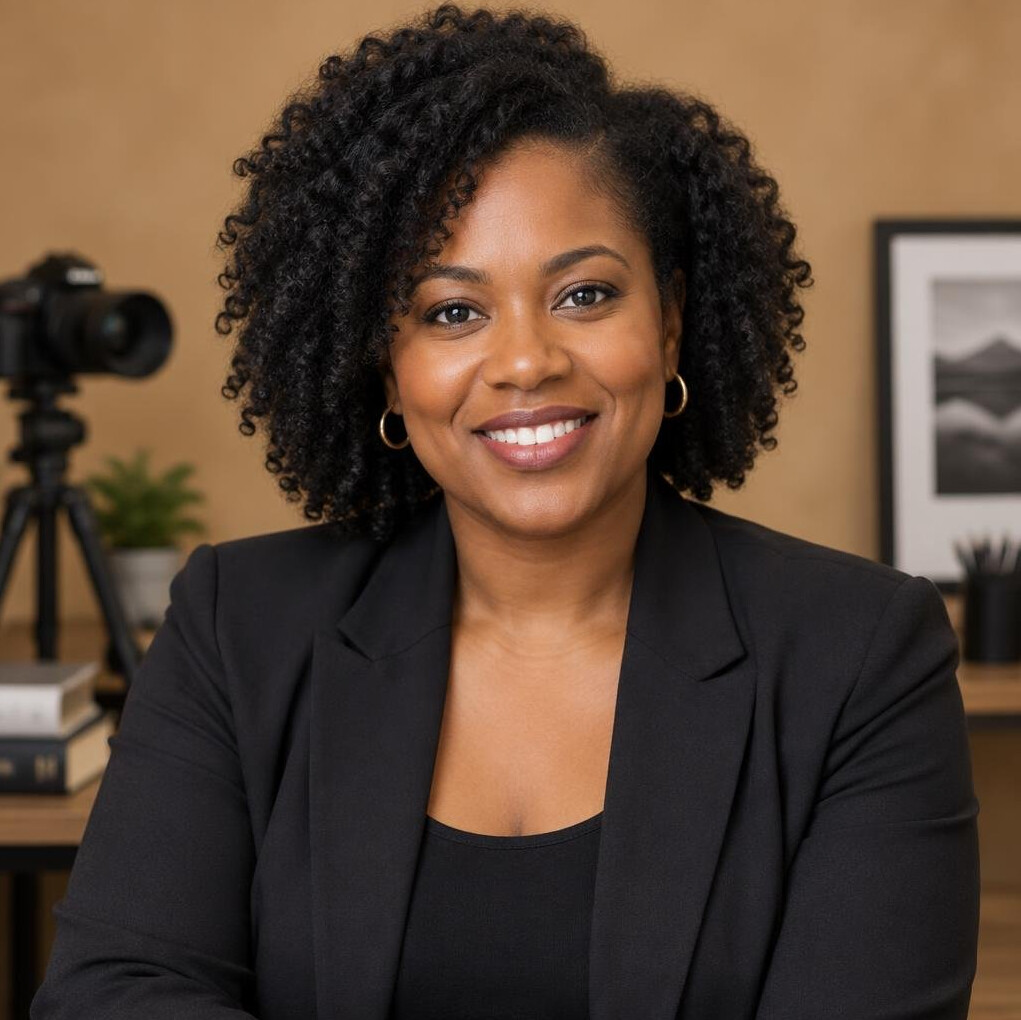 Portrait of a smiling woman in a dark blazer