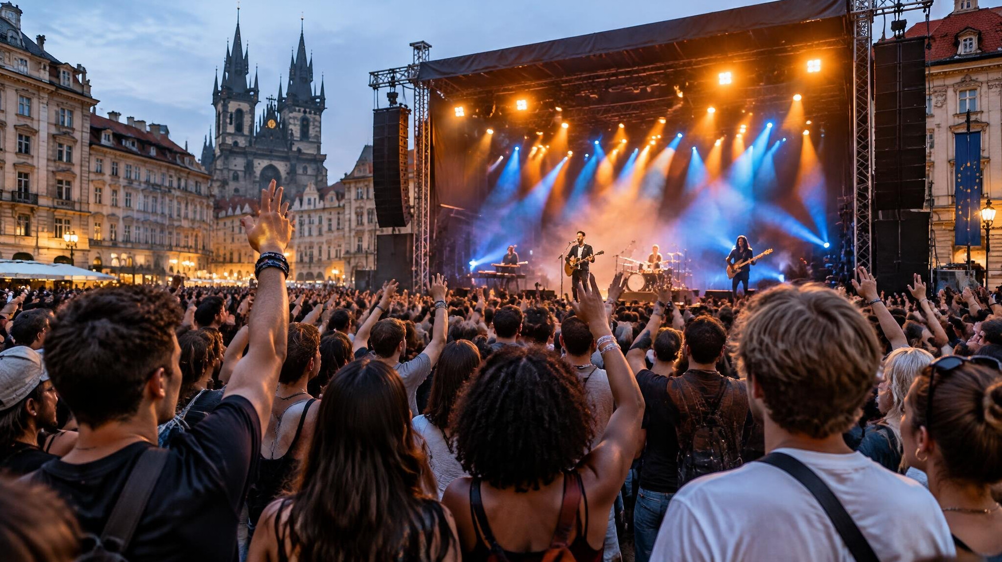 Live concert crowd under colourful stage lights