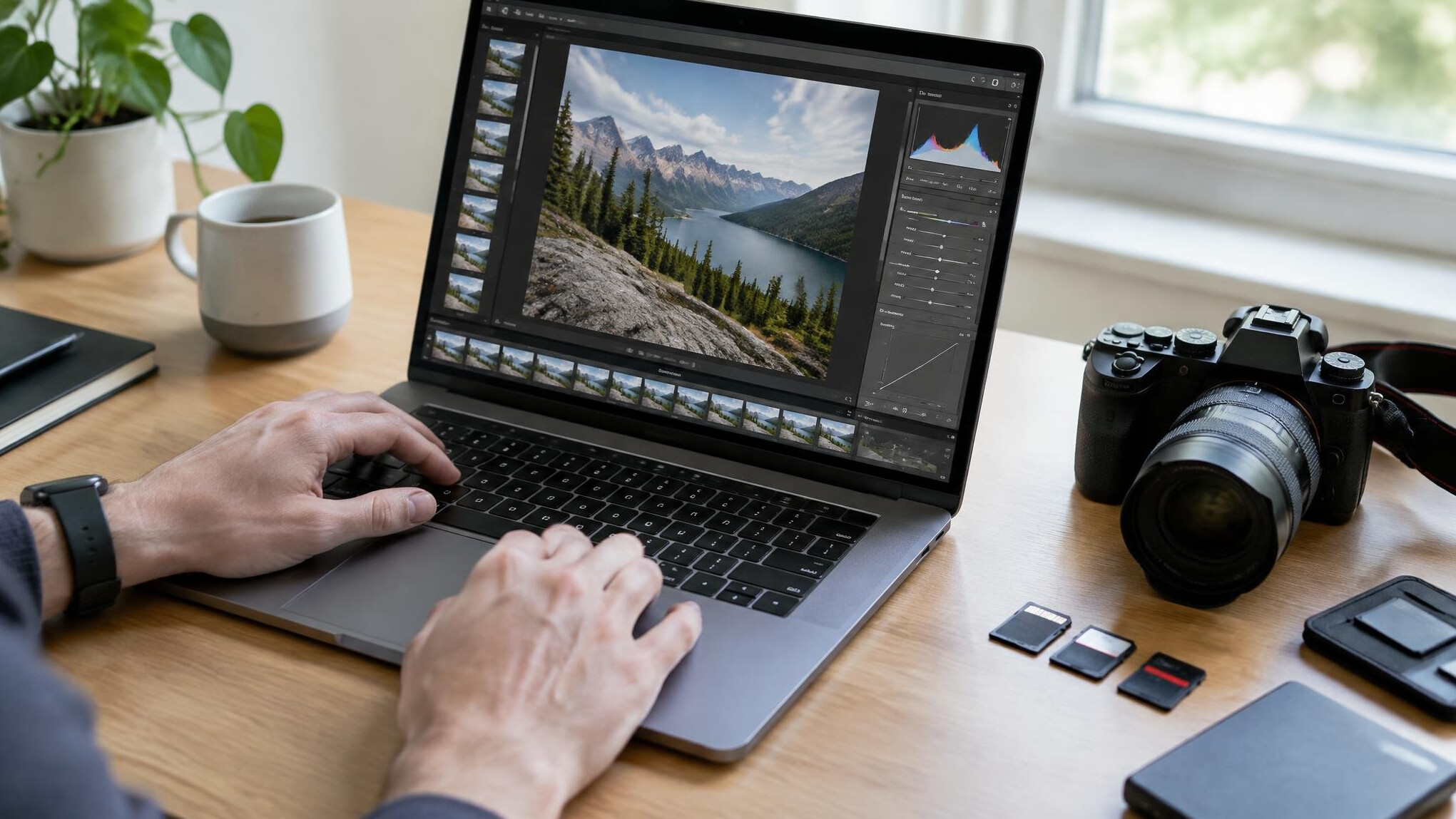 Hands working on a laptop at a desk