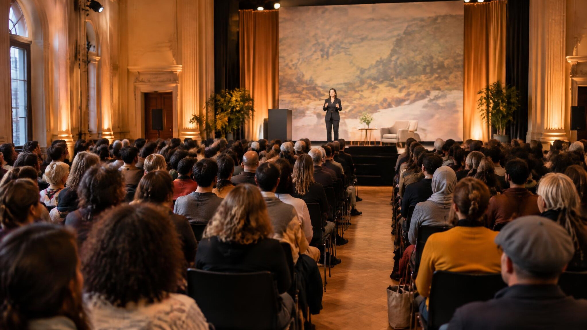 Audience facing a lit stage at a public conference